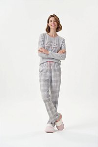 Pijama Feminino Adulto e Teen Manga Longa Mescla Xadrez com Poá