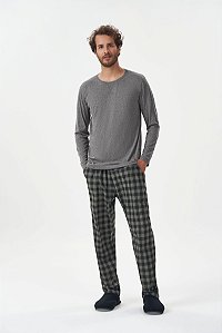 Pijama Masculino Adulto e Teen Manga Longa Xadrez Cinza e Preto