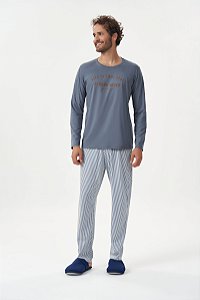 Pijama Masculino Adulto Manga Longa Azul Listrado