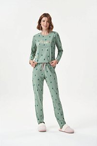 Pijama Feminino Adulto Manga Longa Verde Poá Grande