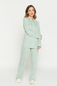Pijama Camisaria Manga Longa Verde Poá Vintage em Viscolycra