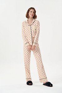 Pijama Camisaria Feminino Adulto Manga Longa Estrelas Pink