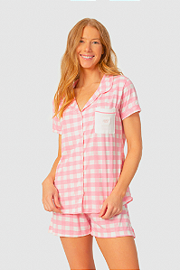 Pijama Camisaria Manga Curta Vichy Rosa