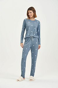 Pijama Feminino Adulto Manga Longa Azul Claro Mescla Corações