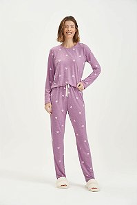 Pijama Feminino Adulto Manga Longa Rosa Mescla Corações