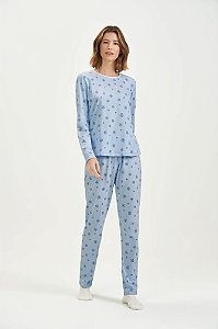 Pijama Feminino Adulto Manga Longa Azul Claro Flocos