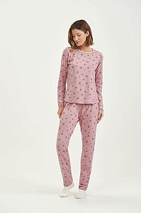 Pijama Feminino Adulto Manga Longa Rosa Flocos