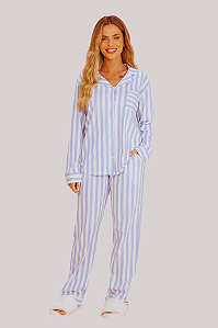 Pijama Camisaria Manga Longa Listra Azul Anna Kock Sleepwear