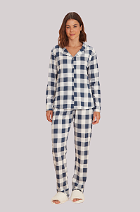 Pijama Camisaria Manga Longa com Abertura Frontal Xadrez Azul