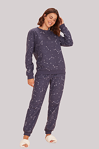 Pijama Feminino Adulto Manga Longa Polar Fleece Constelação Azul