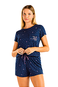 Shortdoll Adulto Manga Curta Marinho Estrelas Pink e Preto Viscolycra Cor Com Amor