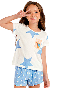 Shortdoll Infantil Manga Curta Branco Maxi Estrelas Azul Claro Cor Com Amor