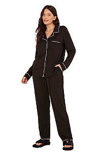 Pijama Camisaria Manga Longa Preto Vivo Branco Anna Kock Sleepwear