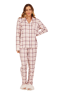 Pijama Camisaria Manga Longa Xadrez Rosa Bloom Vinho Anna Kock Sleepwear