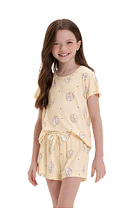 Shortdoll Menina Manga Curta Gatinhos Amarelo Viscolycra Cor Com Amor