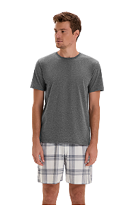 Pijama Masculino Adulto Manga Curta Cinza Xadrez  Cor Com Amor