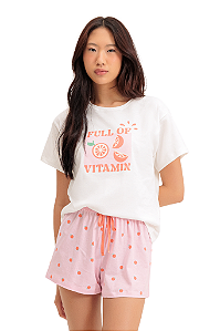 Pijama Adulto Feminino Manga Curta com Shorts Rosa Mini Laranjas