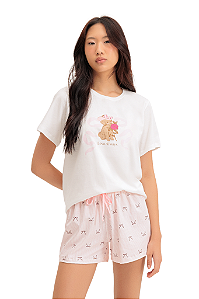 Pijama Adulto Feminino Manga Curta com Shorts Rosa Cachorro Laços