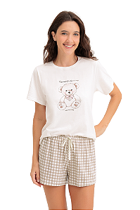 Pijama Adulto Feminino Manga Curta Xadrez Marrom Urso