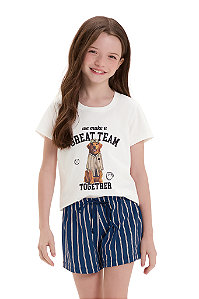 Shortdoll Menina Manga Curta Golden Azul Listrado Cor Com Amor