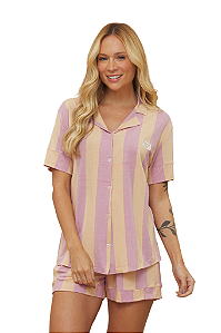 Pijama Camisaria Manga Curta LISTRA AMARELO ROSA Anna Kock Sleepwear