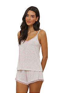 Shortdoll Alça Floral Delicado com Renda Rosa em Viscolycra Anna Kock Sleepwear