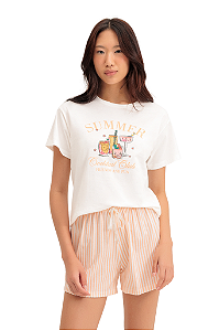 Pijama Adulto Feminino Manga Curta com Shorts Listrado Laranja Summer Cocktail Club