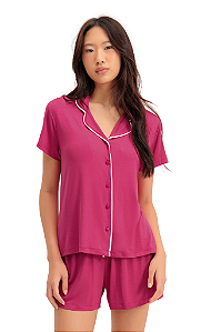 Pijama Camisaria Adulto Feminino Manga Curta Rosa Escuro Viscolycra