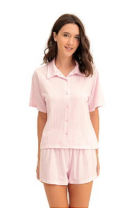 Pijama Feminino Manga Curta Americano com Shorts Listrado Rosa