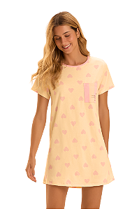 Camisola Adulto Manga Curta Amarelo Corações Rosa Cor Com Amor