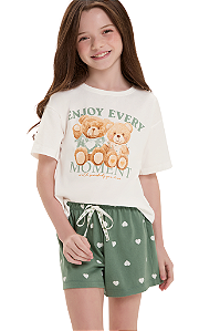 Shortdoll Menina Manga Curta Urso Verde Corações Cor Com Amor