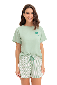 Pijama Adulto Feminino Manga Curta Verde Lucky com Shorts Verde Listrado