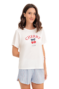 Pijama Adulto Feminino Manga Curta Cherry com Short Azul Claro Listrado