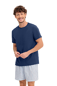 Pijama Masculino Adulto Manga Curta Marinho com Short Azul Claro Listrado