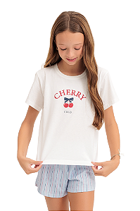 Pijama Menina Manga Curta Cherry com Shorts Azul Claro Listrado
