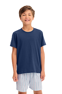 Pijama Menino Manga Curta Marinho com Short Azul Claro Listrado