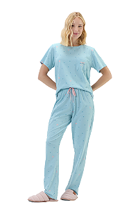 Pijama Adulto Manga Curta com Calça Azul Claro Corações Cor Com Amor
