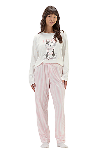 Pijama Adulto Manga Longa Gatinha Calça Listras Rosa Cor Com Amor