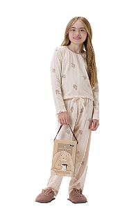 Pijama Menina Manga Longa Bege Listrado Coelhos Cor Com Amor