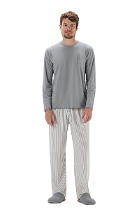 Pijama Masculino Adulto Manga Longa Cinza Claro Calça Listrada com Branco Cor Com Amor