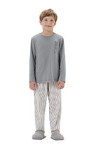 Pijama Menino Manga Longa Cinza Claro Calça Listrada com Branco Cor Com Amor
