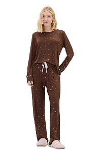 Pijama Adulto Manga Longa Marrom Mini Poá Rosa Viscolycra Cor Com Amor