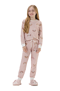 Pijama Menina Manga Longa Rosa Cachorros Labradoodles Cor Com Amor