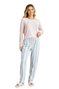 Pijama Feminino Manga Longa Blusa Rosa Calça Listra Azul Anna Kock Sleepwear
