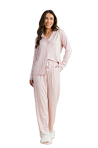 Pijama Camisaria Manga Longa Rosa Poás Detalhes Renda Viscolycra Anna Kock Sleepwear