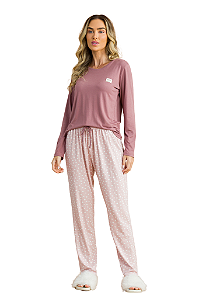 Pijama Feminino Manga Longa Roxo Calça Rosa Poás Viscolycra Anna Kock Sleepwear