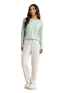Pijama Feminino Manga Longa Verde Calça Floral Viscolycra Anna Kock Sleepwear