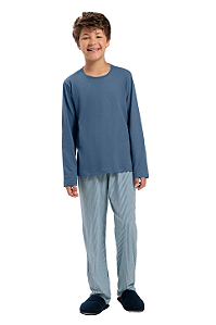 Pijama Menino Manga Longa Azul Médio Listrado