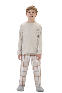 Pijama Menino Manga Longa Bege Xadrez Marrom Cor Com Amor