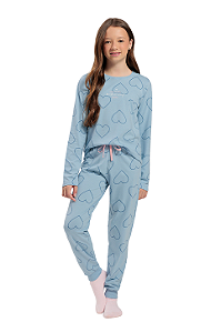 Pijama Menina Manga Longa Azul Corações Vazados